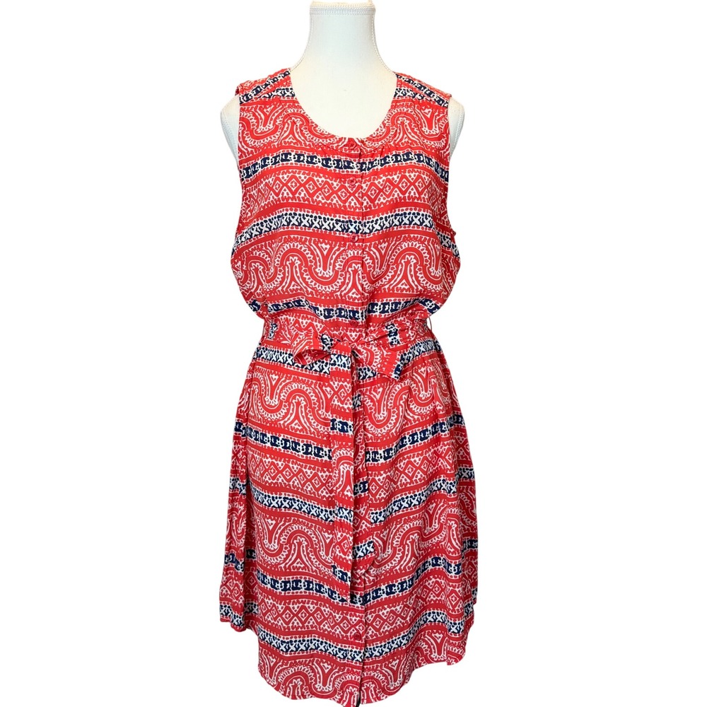 Vineyard Vines Silk Blend Sleeveless Shirtdress Red Blue Geometric Print Size 12